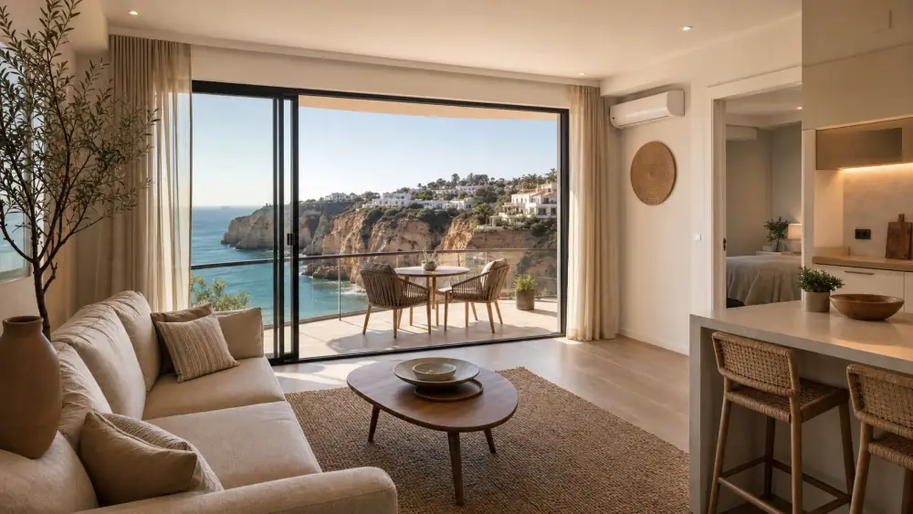 Apartamento renovado em Carvoeiro com varanda vista mar e interiores elegantes