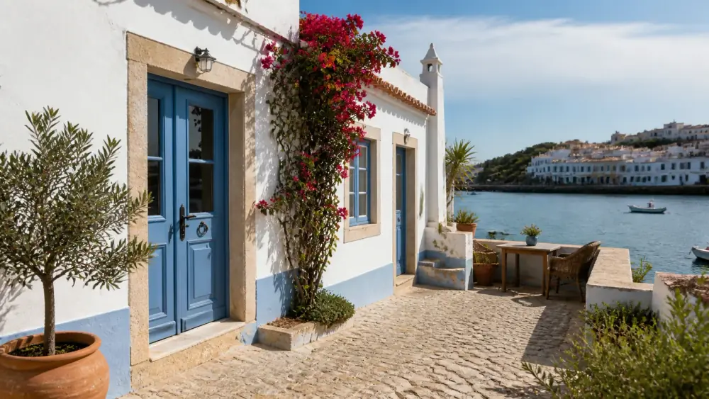 Casa de pescador renovada em Ferragudo com fachada branca e vista rio