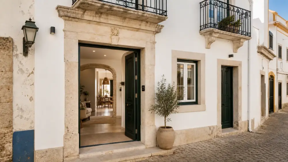 Casa histórica renovada no centro de Lagos com fachada branca e interiores elegantes