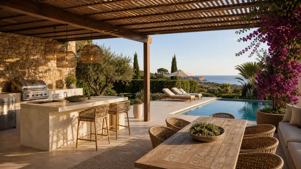 Espaço exterior premium no Algarve com pérgola, piscina e cozinha exterior