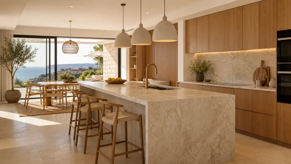 Cozinha premium renovada em villa do Algarve Ocidental com ilha em pedra