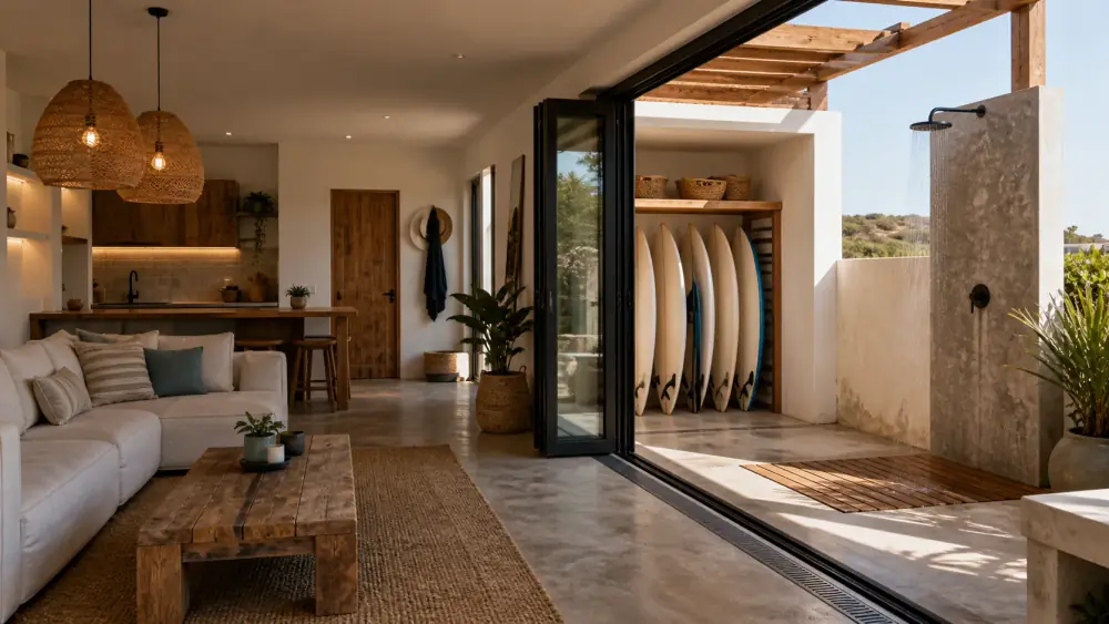 Alojamento surf premium em Sagres com duche exterior e arrumos para pranchas